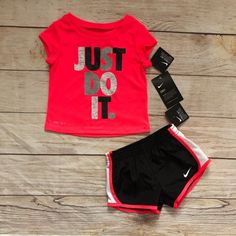 Bright Pink Just Do It Tee With Matching 3-Tone Shorts Cute Pink Sets With Letter Print, Cute Pink Letter Print Sets, Sporty Playwear Sets With Letter Print, Cute Red Sets With Letter Print, Pink Short Sleeve Sports Set, Nike Sets With Letter Print And Short Sleeve, Pink Workout Set For Spring, Pink Workout Sets For Spring, Pink Spring Workout Sets