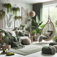 a living room filled with lots of plants and hanging chairs in front of a window