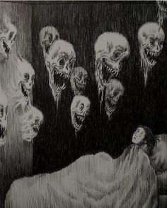 a black and white drawing of a woman laying in bed with many heads on her head