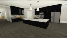 a large kitchen with black cabinets and white counter tops