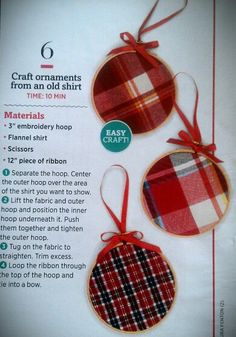 the instructions for making plaid ornaments are shown in an open book with red ribbon on it