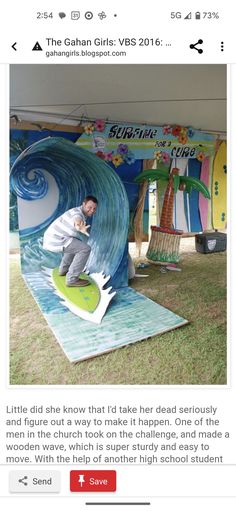 a man riding a surfboard on top of a fake wave