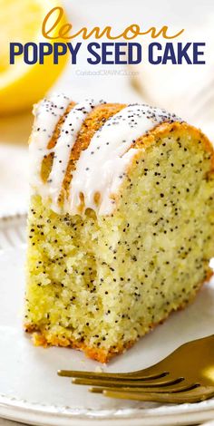 a close up of a slice of poppy seed cake on a plate