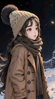 a girl with long hair wearing a brown coat and a hat standing in the snow