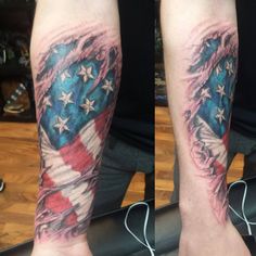 two pictures of the same person's arm with an american flag tattoo on it