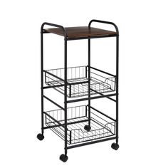 a black rolling cart with three baskets on it's sides and one shelf underneath the cart