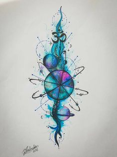 an artistic tattoo design with blue and purple colors on white paper, including the letter s