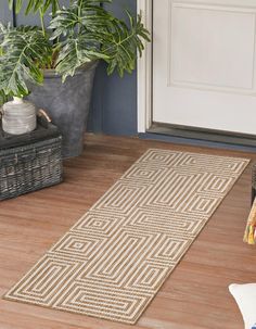 a rug on the floor in front of a door with potted plants next to it