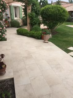 an outdoor patio with potted plants and flowers on the ground next to a house