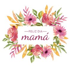 watercolor mothers day card with pink flowers and green leaves on the bottom right corner