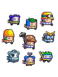 pixel art with different types of avatars and their respective characters from the video game