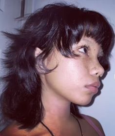 Shag Mullet Black Women, Mullet Hairstyle Women Medium, Baby Bangs Black Woman, Short Hair With Swoop Bangs, Short Hair Wig Styles, 70s Mullet Women, Short Wild Hair, Femme Short Hair, Mullet Side Profile