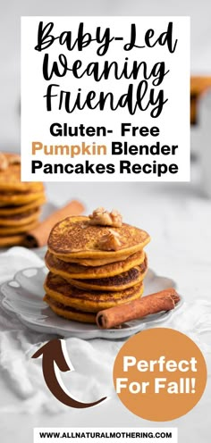 a stack of pancakes with cinnamon on top and the words baby - led evening friendly gluten - free pumpkin blender pancakes recipe