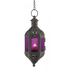 a purple lantern hanging from a chain on a white background with the words click to enlarge