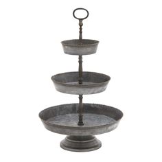 three tiered metal tray with circular handles