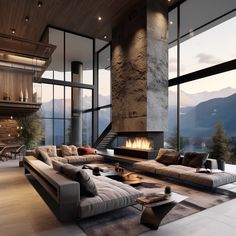 a living room with large windows and a fire place in the center, overlooking mountains