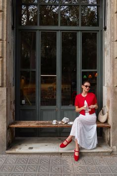 Kita Liss, Barcelona, lace skirt, summer outfits, spring outfits, fall outfits, 2024 fashion trends, ballet flats, pop of red, red ballet flats, coffee spot, summer outfit ideas Skirt Summer Outfits, Lace Ballet Flats, Ballet Flats Outfit, Red Ballet Flats, Church Clothes, 2024 Fashion Trends