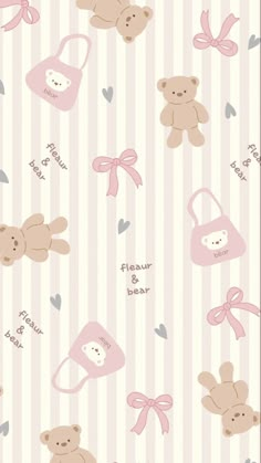 a pink and white striped wallpaper with teddy bears