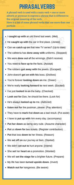 a poster with the words phrasal verbs in blue and yellow on it