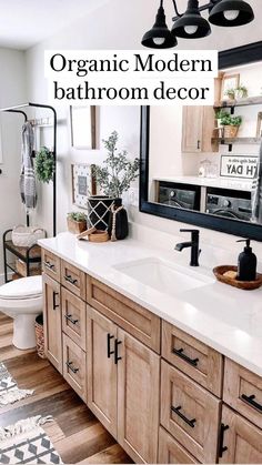 a bathroom with wooden cabinets and white counter tops is featured in this instagramted post