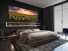 a modern bedroom with black walls and wooden flooring, along with a large bed