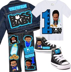 How adorable is this Boss Baby Inspired Denim set?! Perfect for your little ones birthday,photoshoot, or special event! Items are available as a set or separately,choose what you would like from the drop down menu. Please leave name and age needed during checkout! ***PAINT SPLATTER IS NO LONGER AVAILABLE Images can now be added to the front of the jacket at an additional charge, please choose the proper selection from the drop down menu to upgrade* ***PLEASE NOTE THAT DENIM SHADES IN PANTS AND J African American Boss Baby Boy, Baby Birthday Themes Boy, Black Boss Baby Birthday Party Boy, Boss Baby Birthday Party Boy, Baby Boy 1st Birthday Ideas, Mickey Mouse Birthday Outfit, Baby Boys Outfit, Baby Party Themes