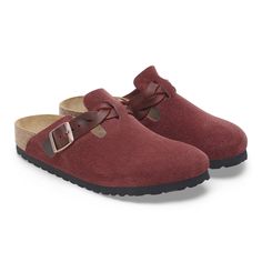 Boston Braided Suede Leather Zinfandel | BIRKENSTOCK Fall Wedges, Boston Clog, Zinfandel, Suede Fashion, Strap Wedge, Birkenstock Boston, Shoe Insoles, Braided Strap, Slipper Sandals