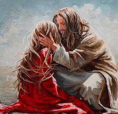 a painting of jesus sitting on the ground with his hands together