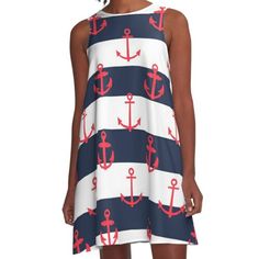 Loose-fit, mid-length sleeveless dress with silky handfeel. Printed on both sides. Machine washable. Size range XS-2XL. Perfect for nautical fans, this is a red white and blue sailor pattern, featuring bright stripes and anchors. Bright Colored Dresses, Nautical Style Summer Vacation Dresses, Nautical Spring Vacation Dresses, Navy Marine Style Summer Dress, White Nautical Dress For Spring, Nautical Dresses For Summer Vacation, Spring Nautical Beach Dresses, Navy Beach Dress For Summer, Blue Marine Style Summer Dress