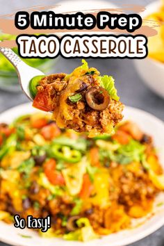 a spoon full of taco casserole on top of a white plate with the title