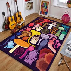 a colorful rug with musical instruments on it