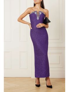 MISS SOHEE + The Vanguard strapless crystal-embellished metallic woven maxi dress Couture Midi Dress, Sohee Couture, Miss Sohee, Royal Purple Dress, Ethereal Dresses, Mode Purple, Uzun Boy, Glamourous Heels, Light Purple Dress