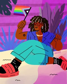 an illustration of a woman sitting on the ground holding a rainbow flag in her hand