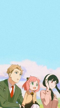 three anime characters sitting in front of a blue sky and grass field, one with pink hair