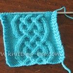 a crocheted square with an intertwined knot on the side and yarn in the middle