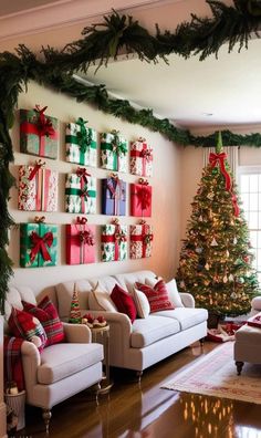 a living room decorated for christmas with presents on the wall