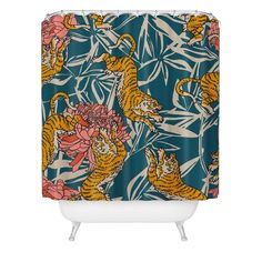 a shower curtain with tigers and flowers in blue, yellow and pink colors on it