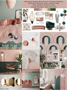 the interior design mood board is shown in pink, green and gold tones with an assortment of furniture