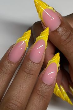 Nail ideas that look so flattering on dark skin tones. Gorgeous nails for darker skin tones. Yellow French Tip Nails Almond, Yellow Almond Nails Design, Almond Nails Yellow, French Nails Stiletto, Yellow Stiletto Nails, Yellow French Tips, Lines Nails, Colourful Acrylic Nails, Have A Blessed Week