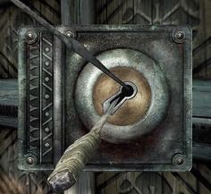 an image of a metal door with a key in the center and a handle on it