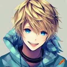 an anime boy with blonde hair and blue eyes wearing a hoodie looking at the camera