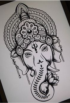 a drawing of an elephant with intricate designs on it's head