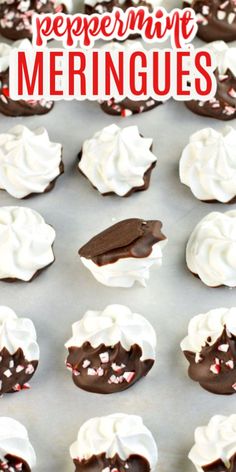 chocolate peppermint meringues with white frosting and sprinkles