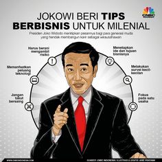 a man in a suit and tie pointing to his left with the words bersinis untuk milenal on it