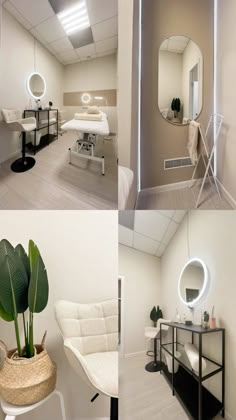 four different images show the inside of a room with mirrors, chairs and other things