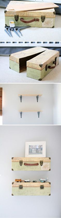 three different pictures of wooden shelves with metal brackets on the top, bottom and bottom