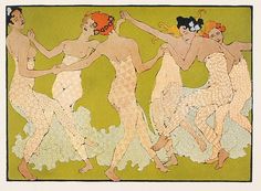 an image of four women dancing together in the same pattern as they appear to be painted on paper