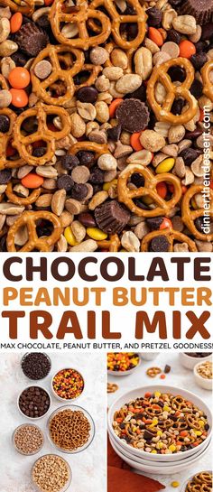 chocolate peanut butter trail mix recipe with pretzels, cereals, and nuts