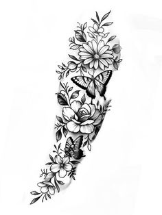 a black and white tattoo design with flowers, butterflies and leaves on the back of a woman's arm