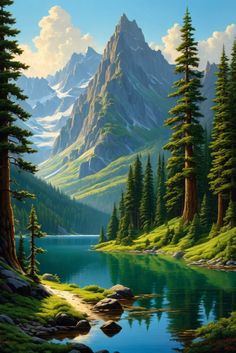 a painting of a mountain lake surrounded by pine trees